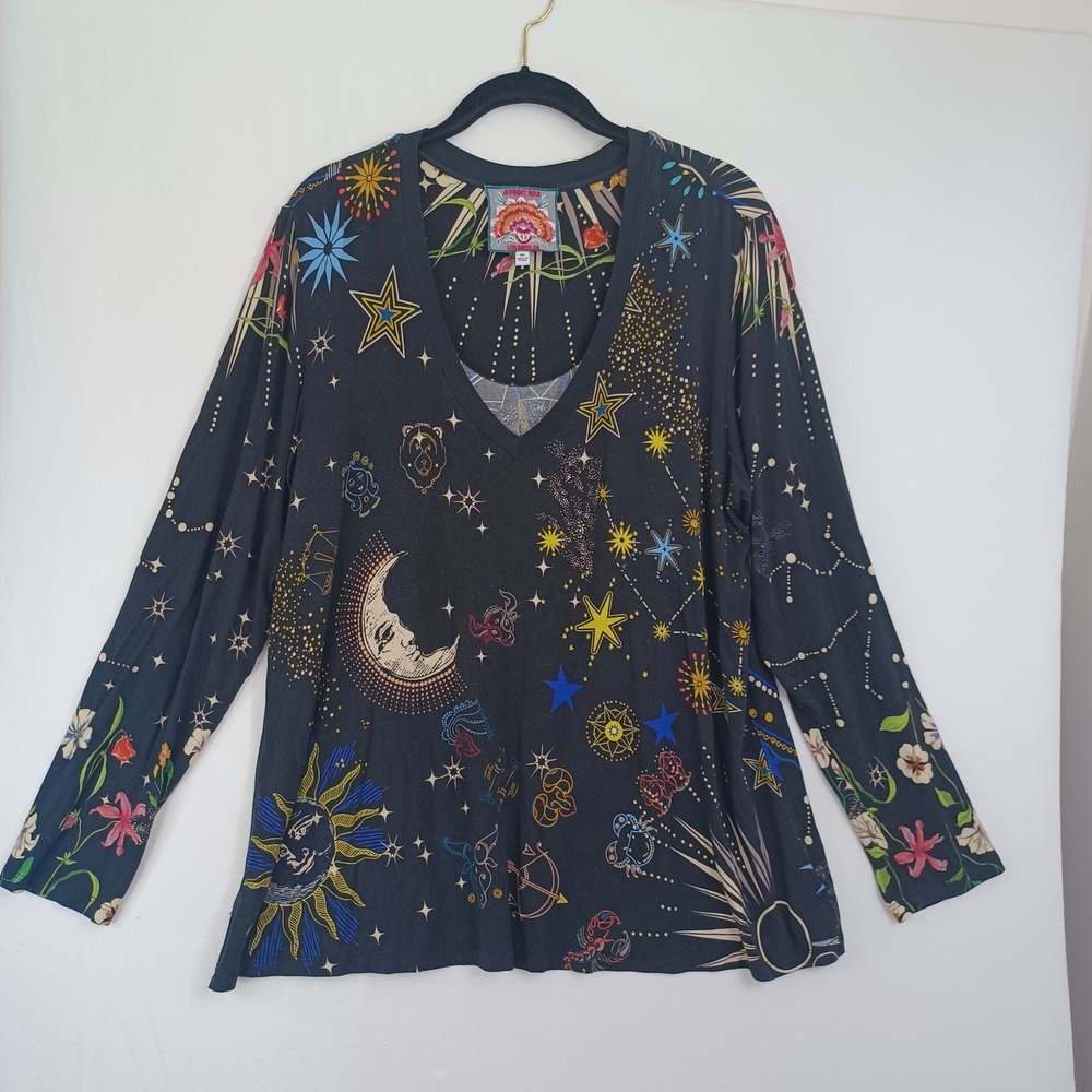 Johnny Was XL Celestial Astrological Bamboo V-Neck Top Charcoal Black Sun Moon - Picture 8 of 8
